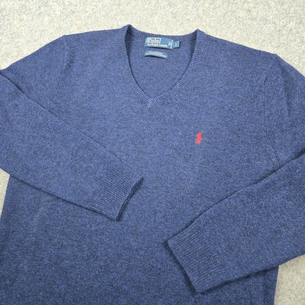 Polo Ralph Lauren Sweater Mens Large Blue 100% Lambswool V-Neck Pullover Pony